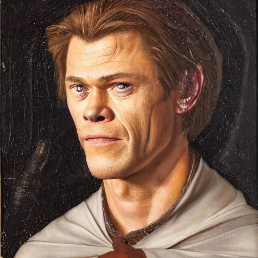 Prompt: portrait of chris hemsworth combined with willem dafoe and steve buscemi, oil painting by jan van eyck, northern renaissance art, oil on canvas, wet - on - wet technique, realistic, expressive emotions, intricate textures, illusionistic detail