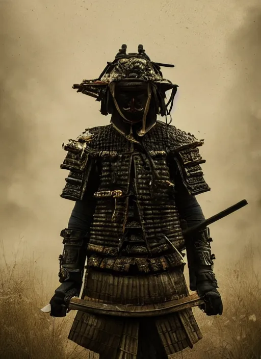 Image similar to samurai portrait photo, wearing all black mempo mask, after a battle, war scene, dirt and unclean, extreme detail, cinematic, dramatic lighting render, extreme photorealism photo by national geographic, tom bagshaw, masterpiece