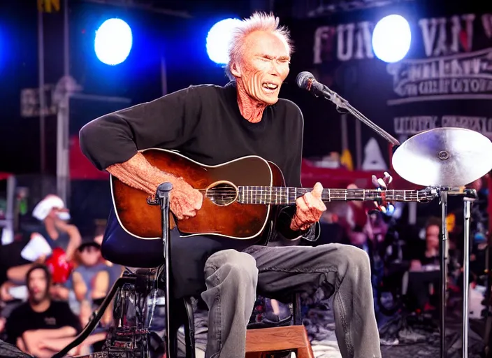 Image similar to photo still of clint eastwood on stage at vans warped tour!!!!!!!! at age 6 8 years old 6 8 years of age!!!!!!!! playing a piano on fire, 8 k, 8 5 mm f 1. 8, studio lighting, rim light, right side key light