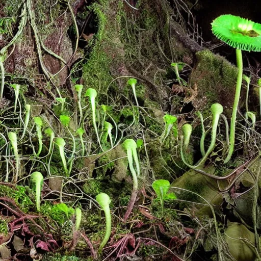 Image similar to abandoned, overgrown, underground bunker. mutated carnivorous plants