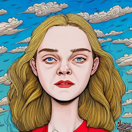 Image similar to professional painting of Elle Fanning in the style of Geof Darrow, head and shoulders portrait, symmetrical facial features, smooth, sharp focus, illustration, intricate, stormy weather, extremely detailed masterpiece,