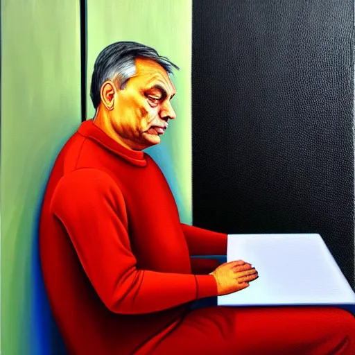 Image similar to viktor orban meditating in a cubicle, oil painting