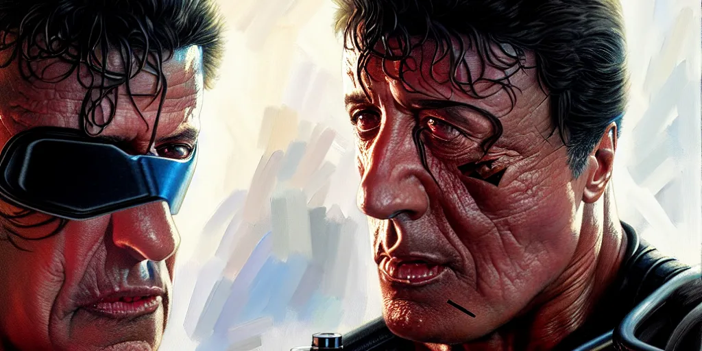 Image similar to sylvester stallone as the terminator, cinematic, highly detailed, digital painting, artstation, concept art, matte, sharp focus, illustration, art by artgerm and greg rutkowski and alphonse mucha