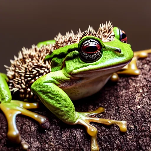 Prompt: a frog covered with hedgehog spikes, 4k photography