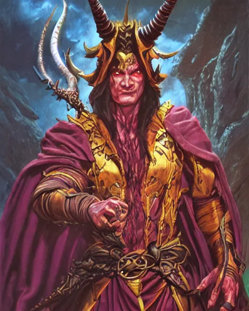 Image similar to detailed portrait of a male horned Tiefling as a powerful dungeons and dragons warlock, wearing dark robe, intricate, hyper detailed, lovecraftian, realistic, oil painting, by jeff easley, boris vallejo, cinematic lighting