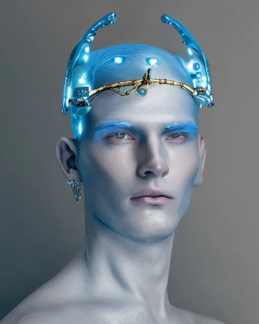 Image similar to natural light, soft focus portrait of a male android with soft synthetic pink skin, blue bioluminescent plastics, smooth shiny metal, elaborate ornate head piece, piercings, venetian mask, skin textures, by annie liebovotz,