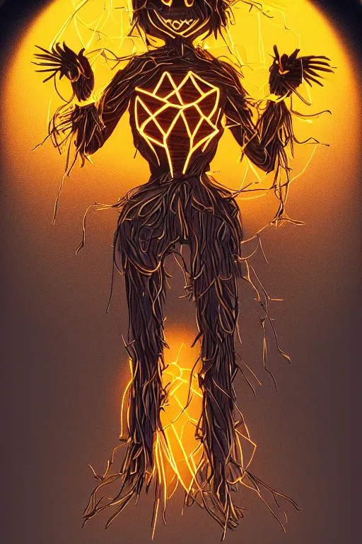 Image similar to glowing scarecrow, symmetrical, highly detailed, digital art, sharp focus, trending on art station, anime art style