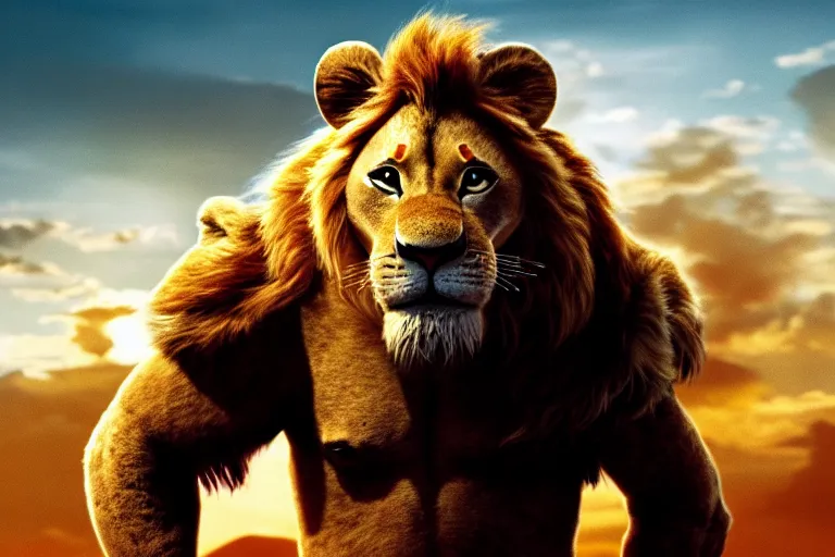 Image similar to simba ( from the lion king ), heavily armed and armored facing down armageddon in a dark and gritty version from the makers of mad max : fury road : witness me