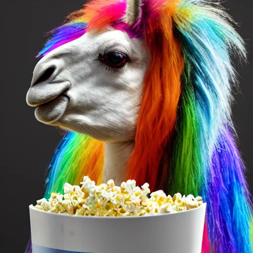 Prompt: photo of a rainbow llama eating popcorn and watching tv