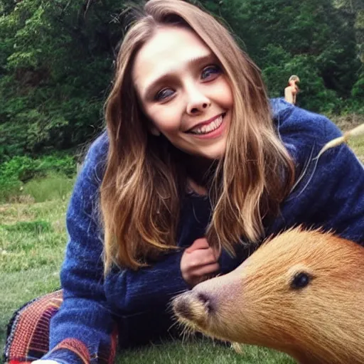 Image similar to elizabeth olsen with a capybara