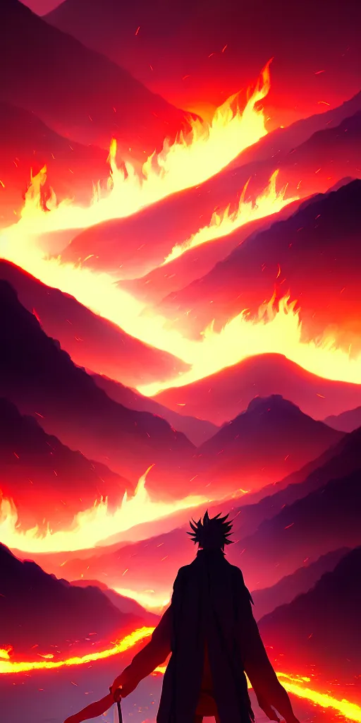 Image similar to a demonic figure obscured by fire. mountains in background, by nashimanga, anime illustration, anime key visual, beautiful anime - style digital painting by wlop, amazing wallpaper