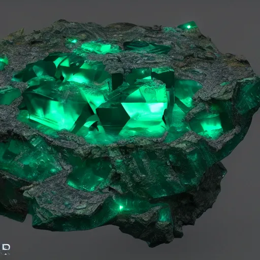 Prompt: Emerald crystals natural gemstone, optical caustic lighting, 8k, rendred in redshift, by Greg rutkowski, trading on artstation