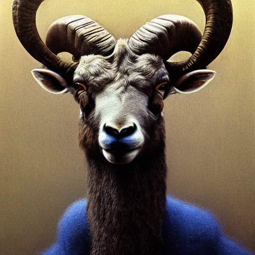 Image similar to Angry Bighorn Sheep portrait, dark fantasy, blue and yellow, artstation painted by Zdzisław Beksiński and Wayne Barlowe