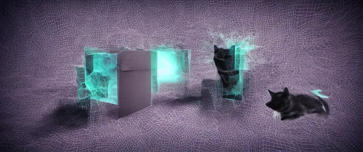 Prompt: 3 d render of schrodinger's cat in a box beeing dead and alive at the same time, 3 d render with small elements of glitch art and small elements of 3 d mesh, paradox, quantum superposition, waves and particles, wave function, scifi style, concept art, high detail, particles disintegration, artsation 4 k