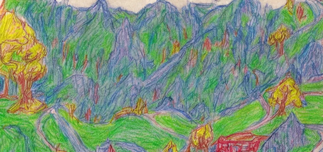 Image similar to Rivendell landscape drawn in crayon by a five-year old