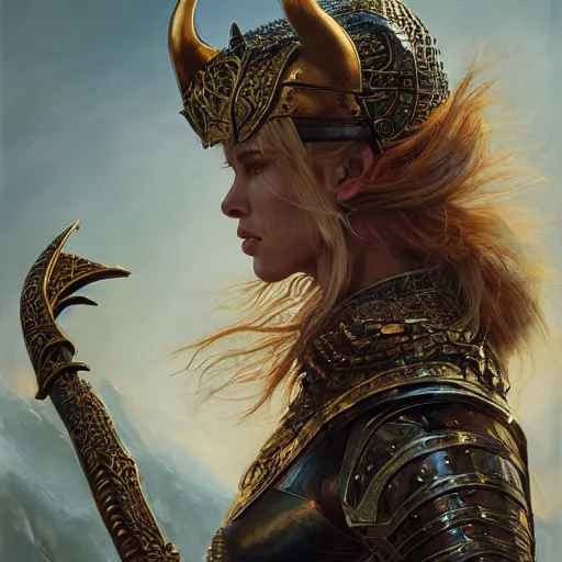 Prompt: Portrait of a majestic fierce viking woman, highly detailed, gold plated armor, cinematic, 8k, 1080s, by Stanley Artgermm, Tom Bagshaw, Greg Rutkowski, Vincent di Fate, Carne Griffiths, Ayami Kojima, trending on DeviantArt, hyper detailed, full of color, digital art,