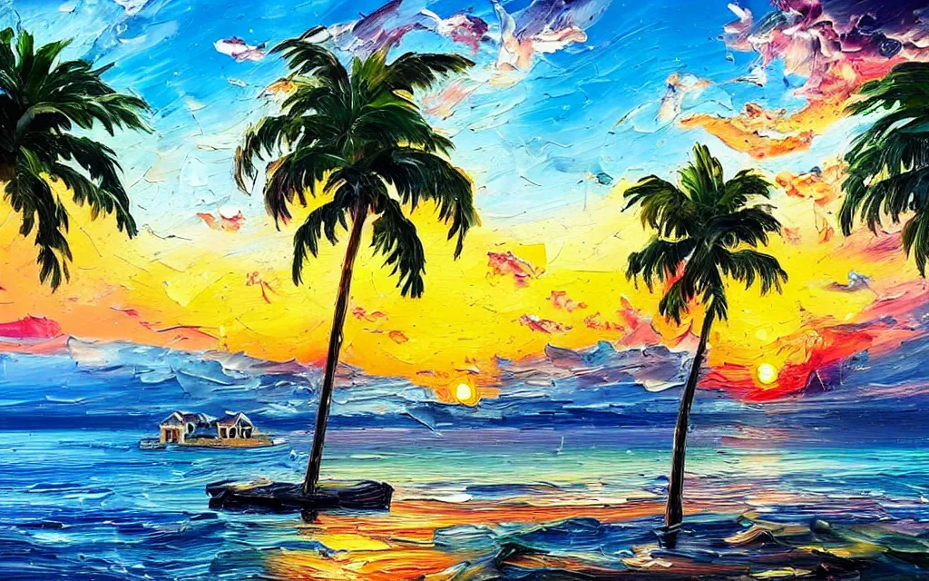 Prompt: a sea with a tiny island with a cute cozy cottage with a terrace, a paved garden courtyard with benches and a fountain, palm trees, river, sunset, puffy clouds, dramatic and dynamic lighting, thick brush strokes oil impasto painting