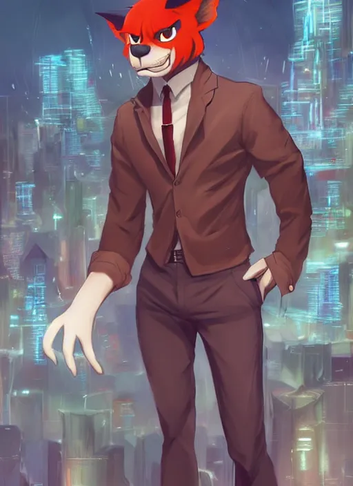 Image similar to character portrait of a male anthro Incineroar fursona with a furry body wearing a dress shirt and slacks in a futuristic city. Character design by charlie bowater, ross tran, artgerm, and makoto shinkai, detailed, inked, western comic book art