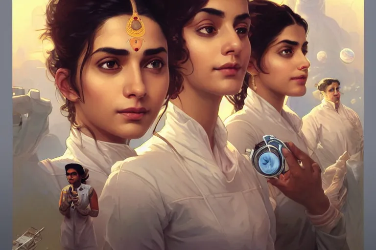 Image similar to Exhausted good looking pale young Indian doctors wearing jeans in a space station above Earth performing surgery, portrait, elegant, intricate, retrofuturistic digital painting, artstation, concept art, smooth, sharp focus, illustration, art by artgerm and greg rutkowski and alphonse mucha