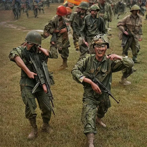 Image similar to vietnam war, rave photos, army soldiers dancing, masterpiece, hdr, very very detailed, high quality photos, epic composition, masterworks