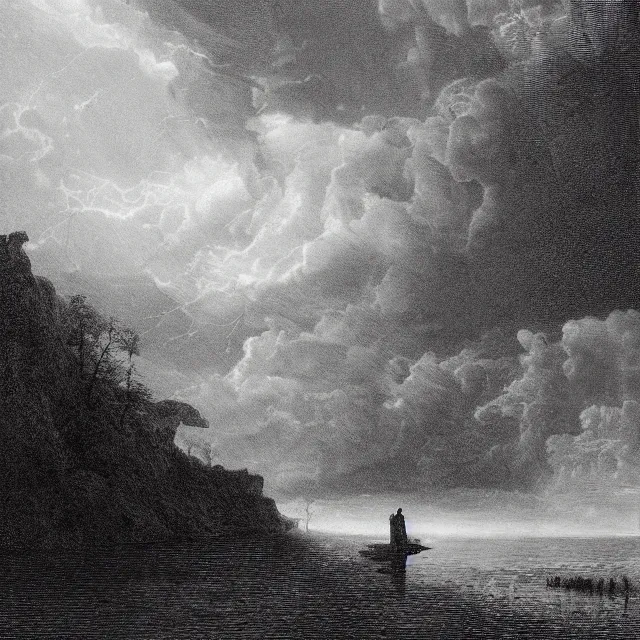 Prompt: an engraving of jesus in a river by gustave dore, caspar david friedrich, foggy, depth, strong shadows, stormclouds, illuminated focal point, highly detailed