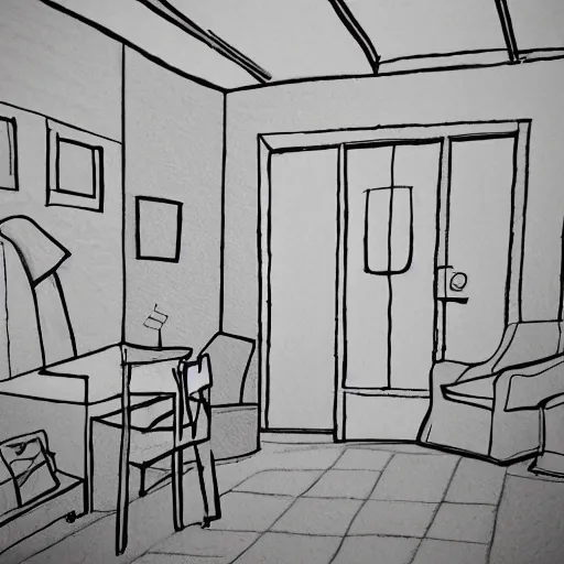 Prompt: room drawn by andrew domachowski