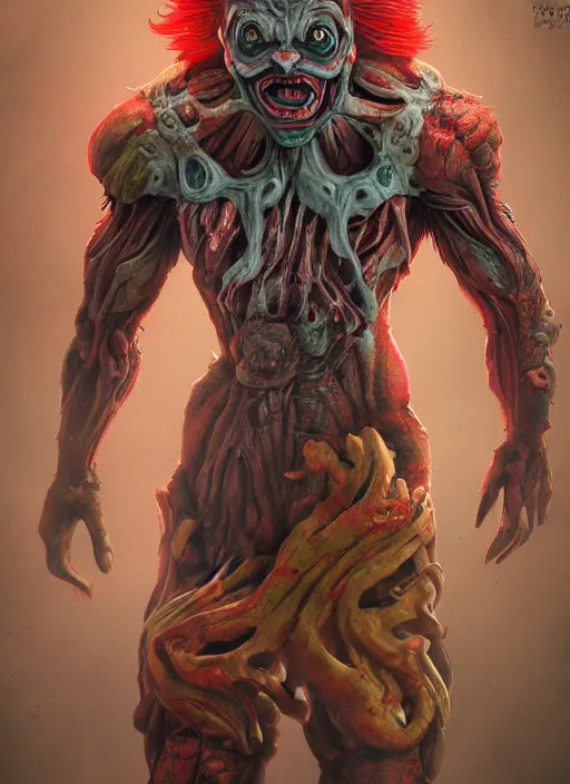 Image similar to evil horror clown, monster anatomy, ross tran, vivid colors, anatomical, highly detailed sculpture, intricate detailed, ommatidia, 8 k, cinematic atmosphere, post - processing