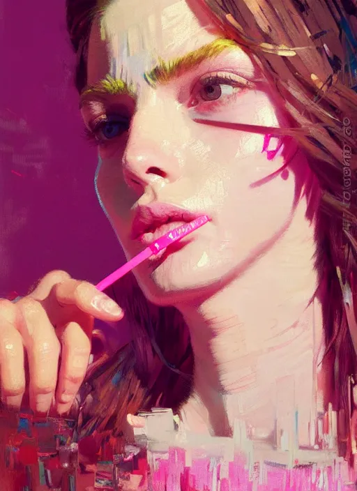 Prompt: close up portrait of a beautiful girl, drinking a cocktail woa straw, shades of pink, beautiful face, rule of thirds, intricate outfit, spotlight, by greg rutkowski, by jeremy mann, by francoise nielly, by van gogh, digital painting