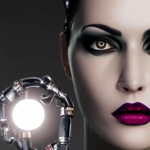 Image similar to an immaculate blender render high key lighting headshot rendering of an attractive curvy cybernetic goth woman with embedded LEDs, a cybernetic eye, and an exoskeleton.