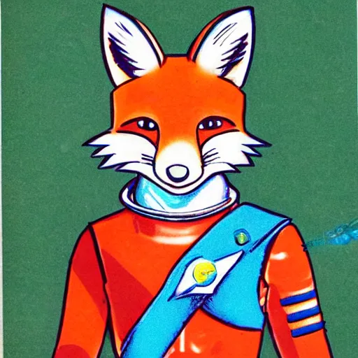 Prompt: 1 9 8 0 s video game art of anthropomorphic fox mccloud from starfox fursona furry fox in a space cadet uniform, looking heroic high quality colored pencil