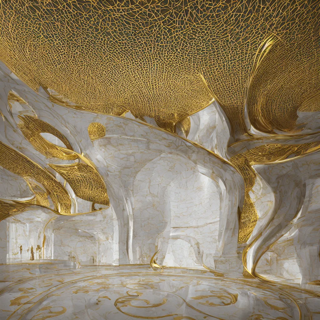 Prompt: an incredibly smooth curvilinear neo baroque interior architectural sculpture, a golden pool on the ground is envelope by folding white surfaces, blue light, visually satisfying architecture render