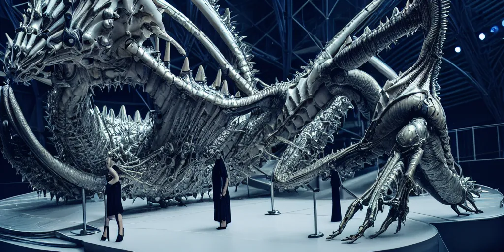 Image similar to star base, walking down the catwalk, stage, vogue photo, podium, fashion show photo, iris van herpen baroque dress, beautiful woman, perfect body, full body shot, inflateble shapes, masterpiece, guyver, giger, biomechanical details, denis villeneuve, legendary dragon, movie still, cinestill, bokeh, artstation