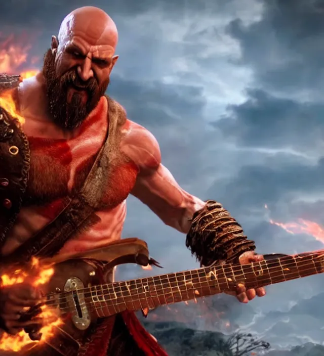 Image similar to raging kratos shredding on a flaming stratocaster guitar, cinematic render, god of war 2 0 1 8, santa monica studio official media, lightning, stripe over eye