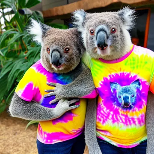 Prompt: two koalas wearing tie dye shirts