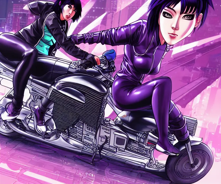 Image similar to motoko kusanagi riding a cyberpunk vehicle in a grungy cyberpunk megacity, bosozoku gang war, cyberpunk vaporwave, by phil jimenez, artgerm, sola digital arts, anti aliasing, raytracing