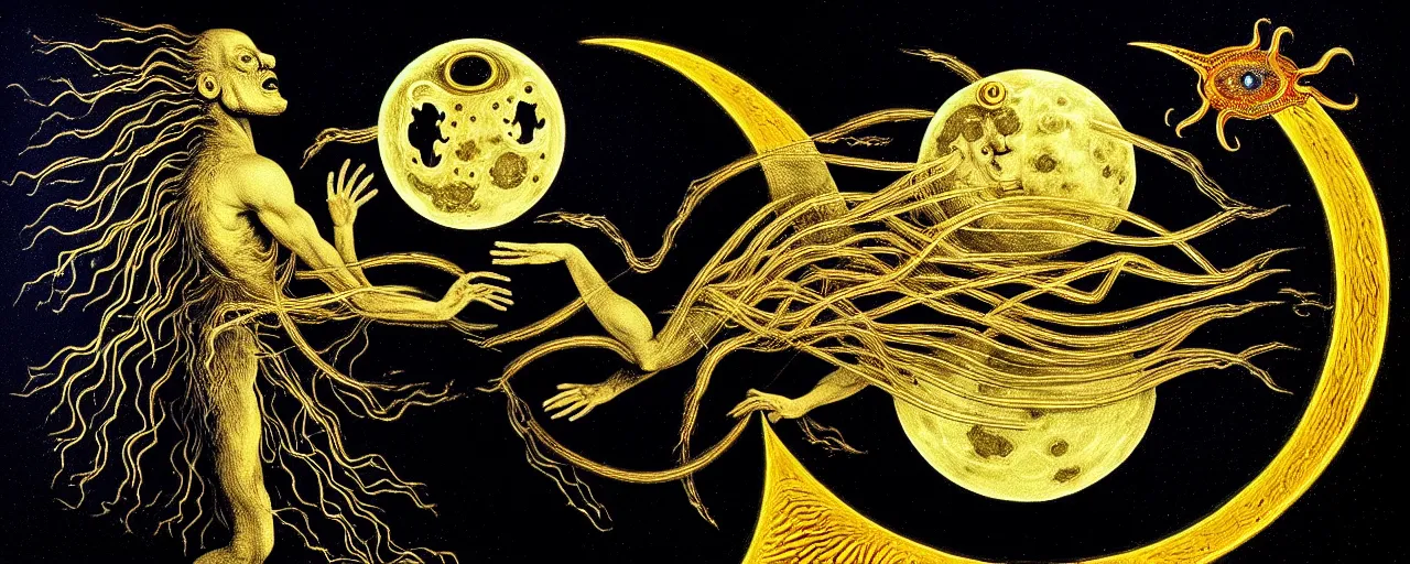 Image similar to a surreal creature with a mouth of gold radiates a unique canto'as above so below'to the moon, while being ignited by the spirit of haeckel and robert fludd, breakthrough is iminent, glory be to the magic within, in honor of saturn, painted by ronny khalil