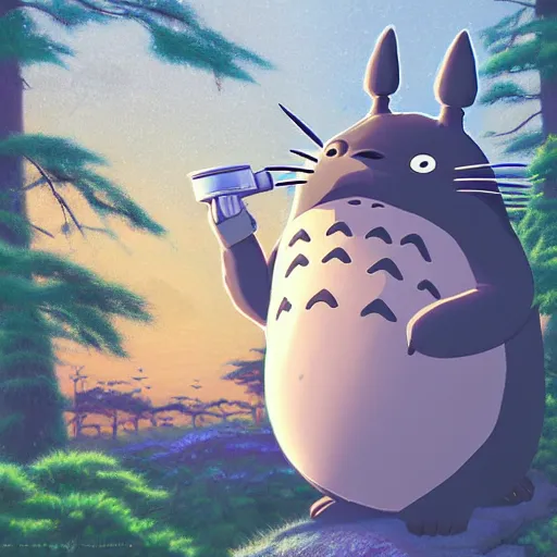 Image similar to illustration of totoro holding a large film camera, studio ghibli, pixar, high detail, award-winning, forest, digital painting, concept art, by Evgeny Lushpin