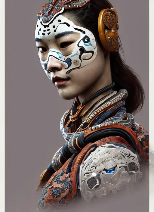 Image similar to portrait of a machine from horizon zero dawn, machine face, upper body, decorated with chinese opera motifs, asian, traditional chinese art, intricate, elegant, highly detailed, digital painting, artstation, concept art, smooth, sharp focus, illustration, art by artgerm and greg rutkowski and alphonse mucha, 8 k