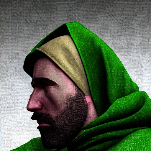 Image similar to portrait of a lost chad programmer with green hood by james gilleard, dramatic lighting, close up