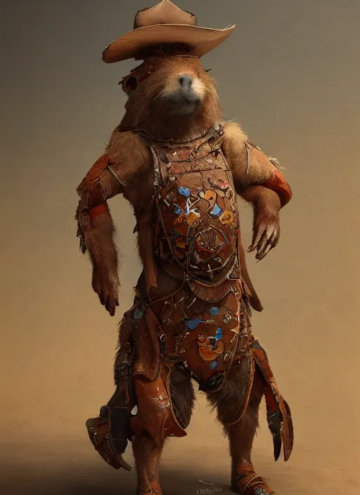 Prompt: detailed full body concept art illustration oil painting of an anthropomorphic capybara cowboy in full intricate clothing by Carel Fabritius, biomutant, ultra detailed, digital art, octane render