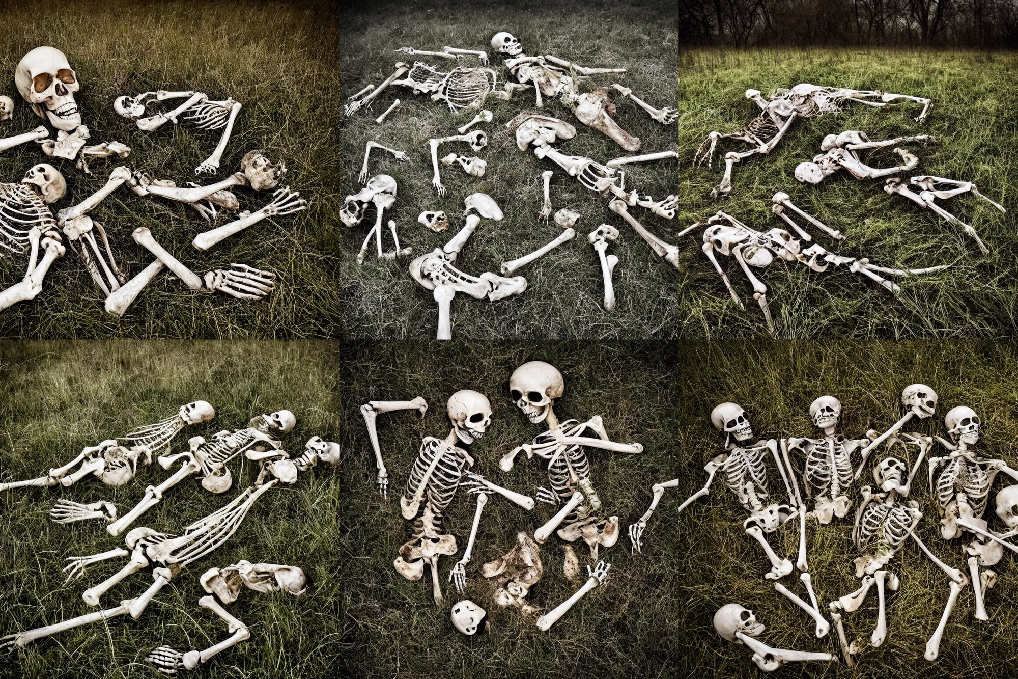 Prompt: professional, ultra realistic and atmospheric photograph of decaying skeletons and bones. in a meadow. beautiful, award-winning