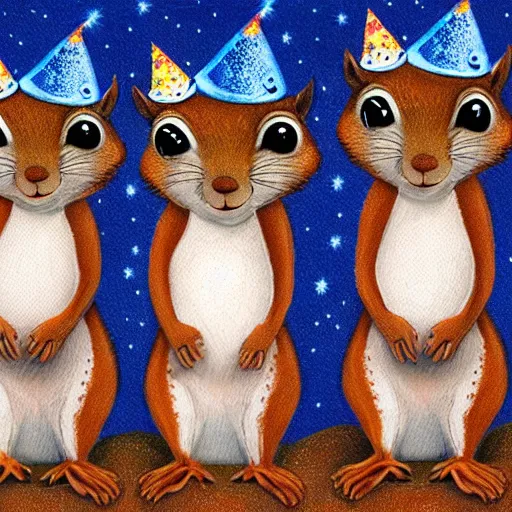 Image similar to three squirrel s having a cool birthday party, highly detailed