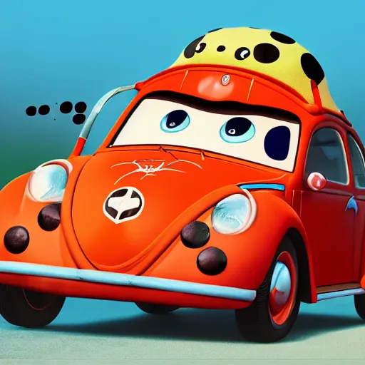 Image similar to a hybrid giant lady bug is merged with'herbie the love bug'car, digital art, hyperrealistic, imax, 7 0 mm, movie still