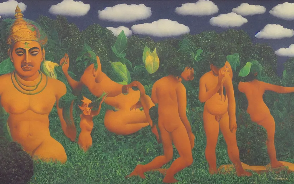 Image similar to black hindu god golden meadow, detailed painting by rene magritte