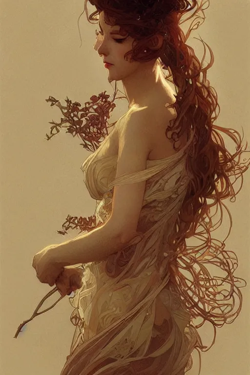 Image similar to beautiful natural coy cottagecore goddess maiden, master drawing, intricate, elegant, highly detailed, digital painting, artstation, concept art, smooth, sharp focus, illustration, art alphonse mucha and james gurney and craig mullins and wlop