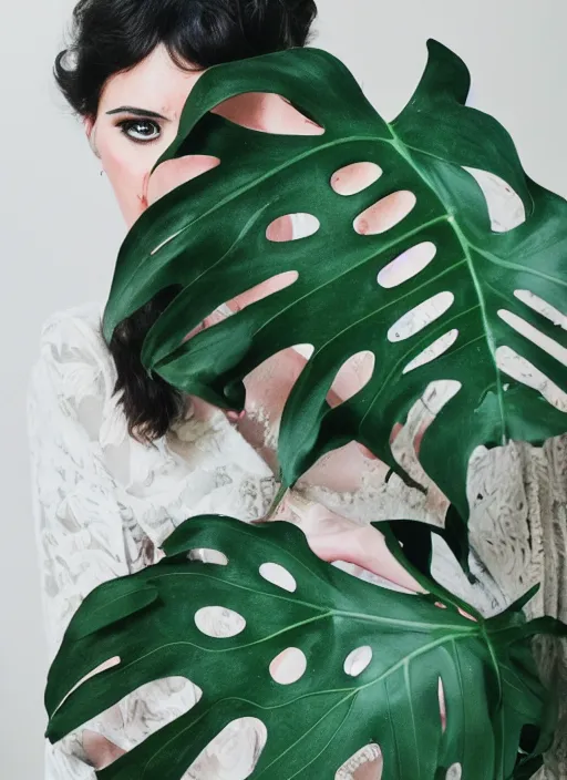 Prompt: a woman in dress inspired by monstera leaves