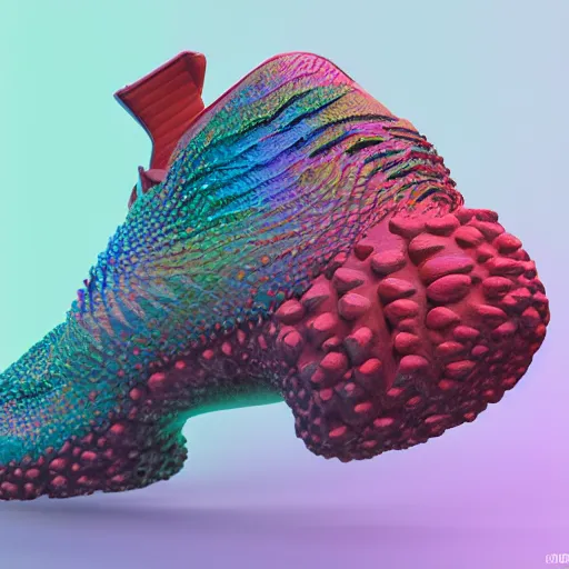 Prompt: a 3 d product render of a shoe inspired by coral reef. the render is done in keyshot, trending on behance made by an industrial designer on behance, low detail, high quality, keyshot, octane, product render