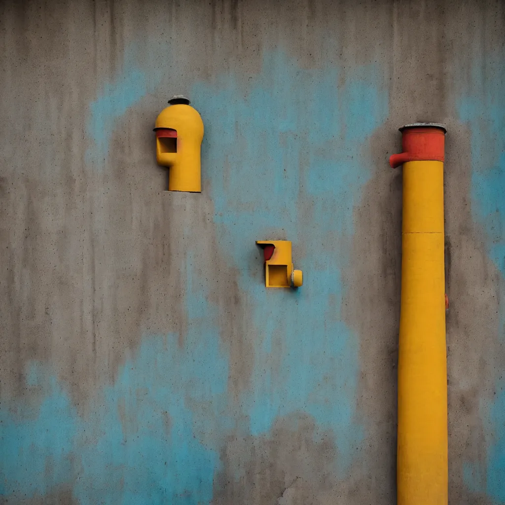 Prompt: kodak portra 4 0 0, 8 k, shot of a highly detailed, britt marling style, colour still - life portrait of a large pipe organ, rough concrete walls, a single rough carved wooden teal and orange striped coloured statue is standing on a concrete podest with a yellow crown on his head, muted colours