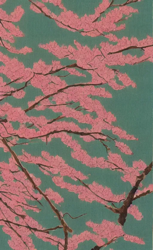 Prompt: by akio watanabe, manga art, the curtain of a japanese theatre painted of cherry blossoms, trading card front, sun in the background