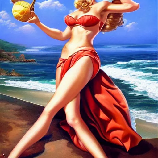 Prompt: realistic photo, woman, dressed in pin up style, long hair, beautiful legs, beach, sun, stylish, ultra detailed, proportional, greg hildebrandt fancy rococo baroque regal oil painting high quality